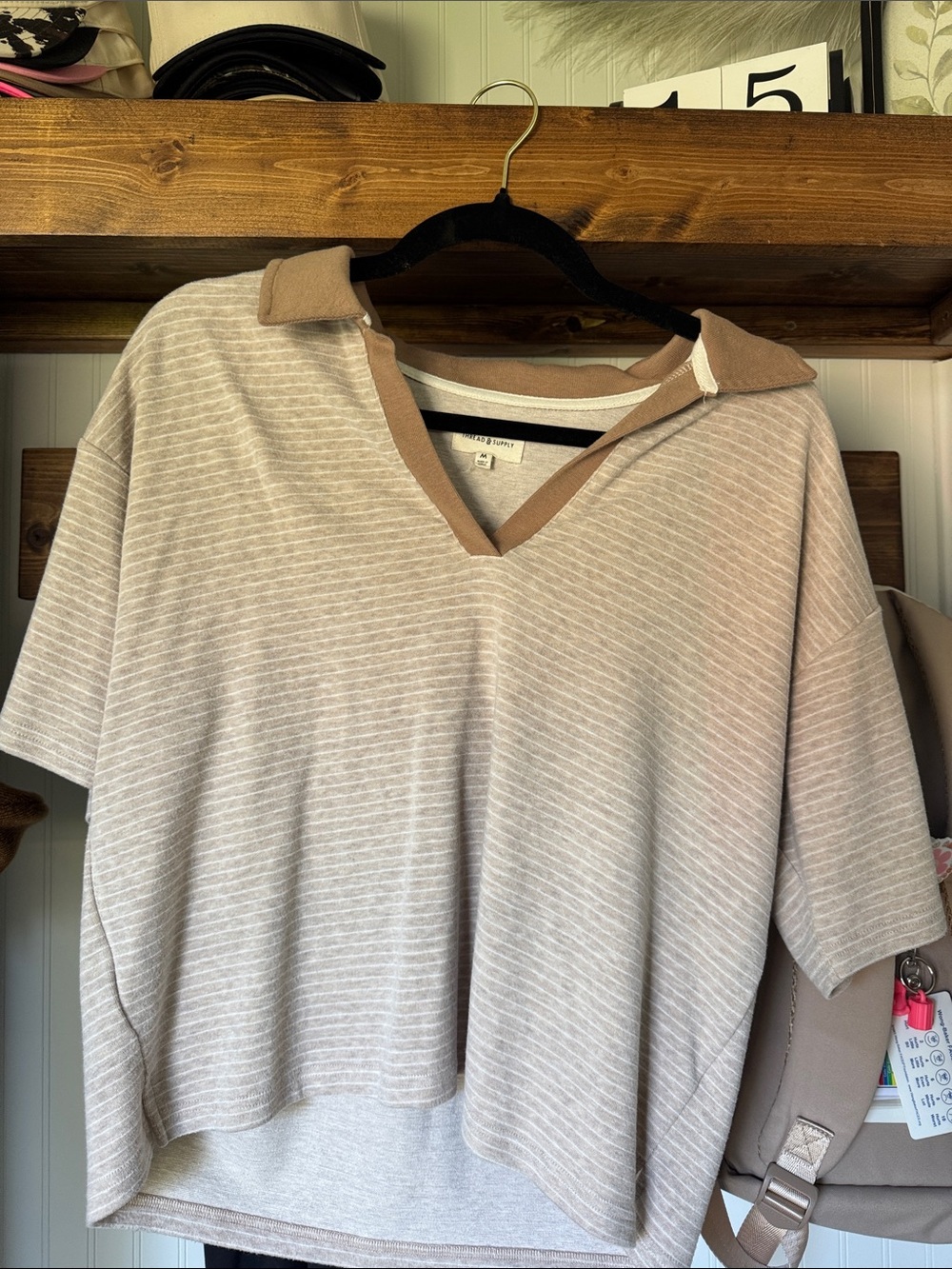 Thread & Supply Light Taupe Striped V-Neck Short Sleeve Top